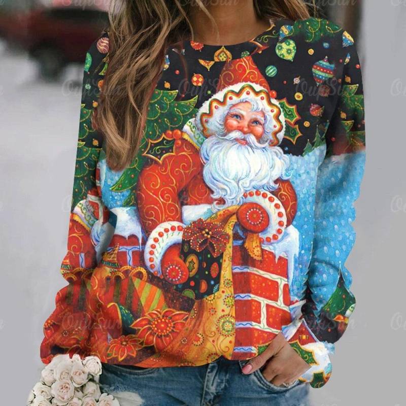 Winter Frauen Weihnachten Langarm T-Shirts Pullover Santa Claus Drucken T Tops Damen O Neck Übergroßen Street Fashion T-Shirt M von Joom DACH