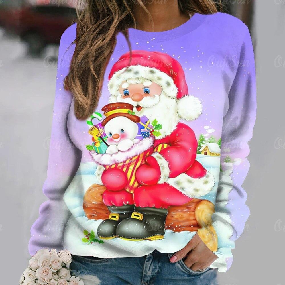 Winter Frauen Weihnachten Langarm T-Shirts Pullover Santa Claus Drucken T Tops Damen O Neck Übergroßen Street Fashion T-Shirt M von Joom DACH