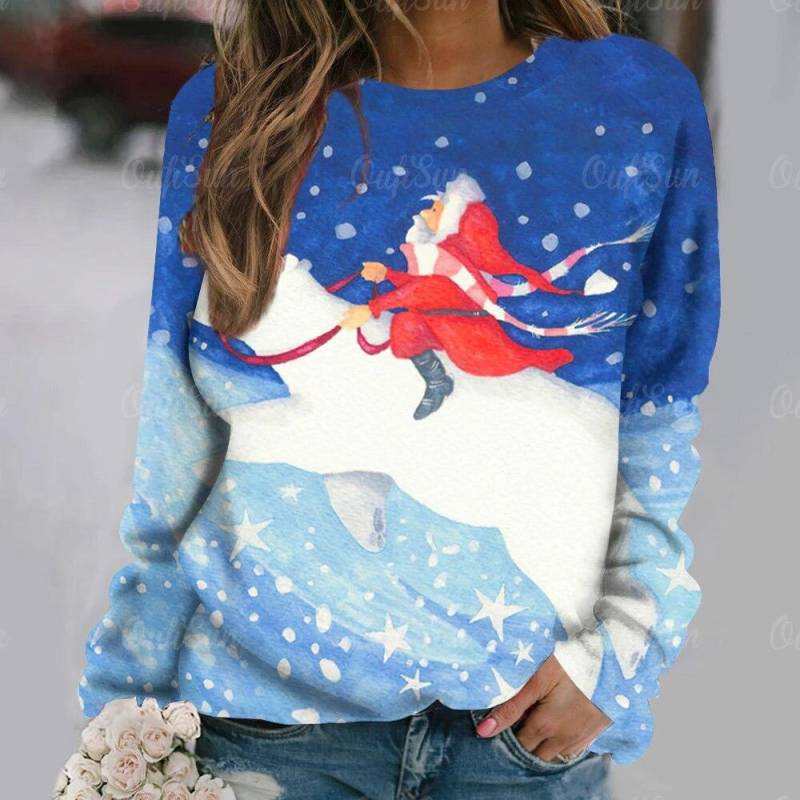 Winter Frauen Weihnachten Langarm T-Shirts Pullover Santa Claus Drucken T Tops Damen O Neck Übergroßen Street Fashion T-Shirt XL von Joom DACH
