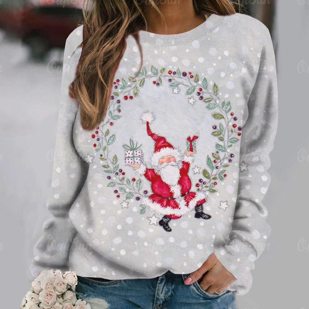 Winter Frauen Weihnachten Langarm T-Shirts Pullover Santa Claus Drucken T Tops Damen O Neck Übergroßen Street Fashion T-Shirt XL von Joom DACH