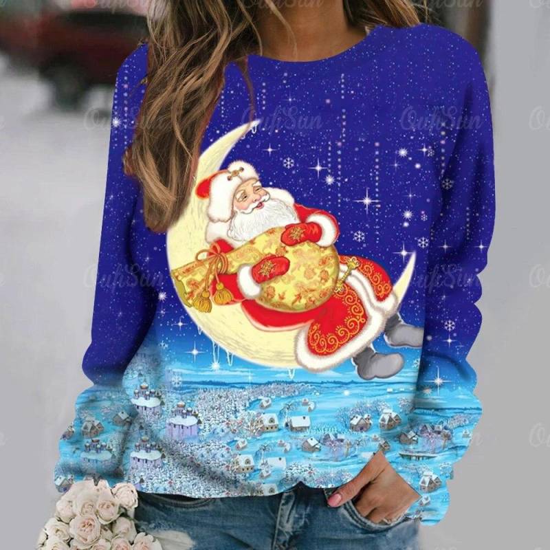 Winter Frauen Weihnachten Langarm T-Shirts Pullover Santa Claus Drucken T Tops Damen O Neck Übergroßen Street Fashion T-Shirt XL von Joom DACH