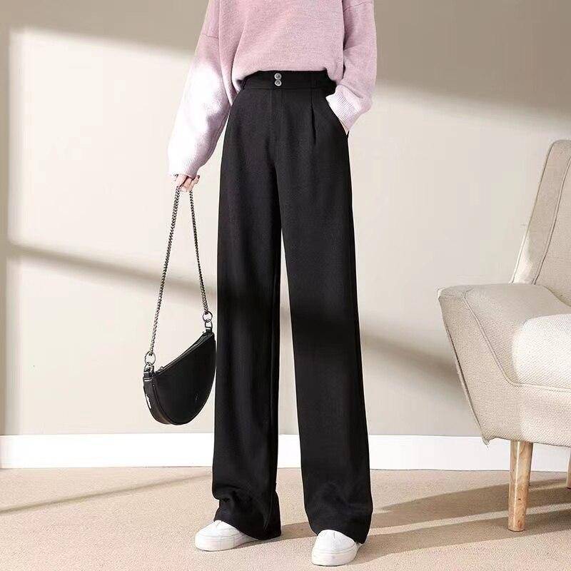 Winter Frauen Woolen Hosen Casual Solide Wolle Frau Breite Bein Hosen OL Stil Hohe Taille Weibliche Gerade Lange Hosen Dropshipping XXXXL schwarz von Joom DACH
