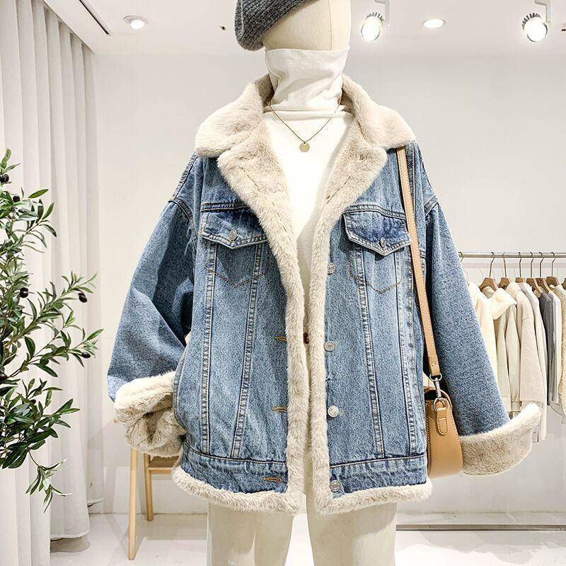 Winter Gepolsterte und Verdickte Jeansjacke Damen Übergröße Lockere Freizeitjacke mit Zwei Seitentragefunktion XL denim-blau von Joom DACH