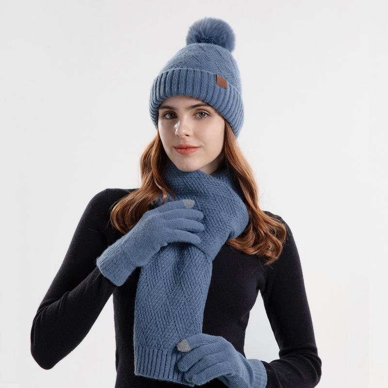 Winter Gestrickte Wollmütze Frauen Warme Mütze Schal Handschuhe Dreiteilige Gehörschutz Kappe Hülsenkappe Skullies Beanies blau von Joom DACH