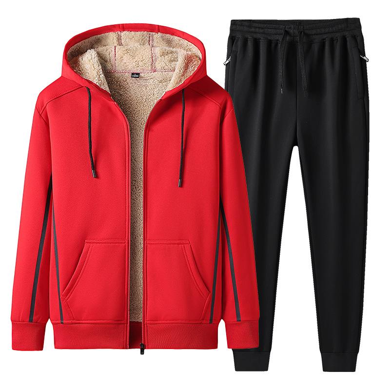 Winter Herren Casual Sport Anzug Plus Samt Dicke Kapuze Strickjacke Pullover Zweiteiliger Anzug 3XL rot von Joom DACH