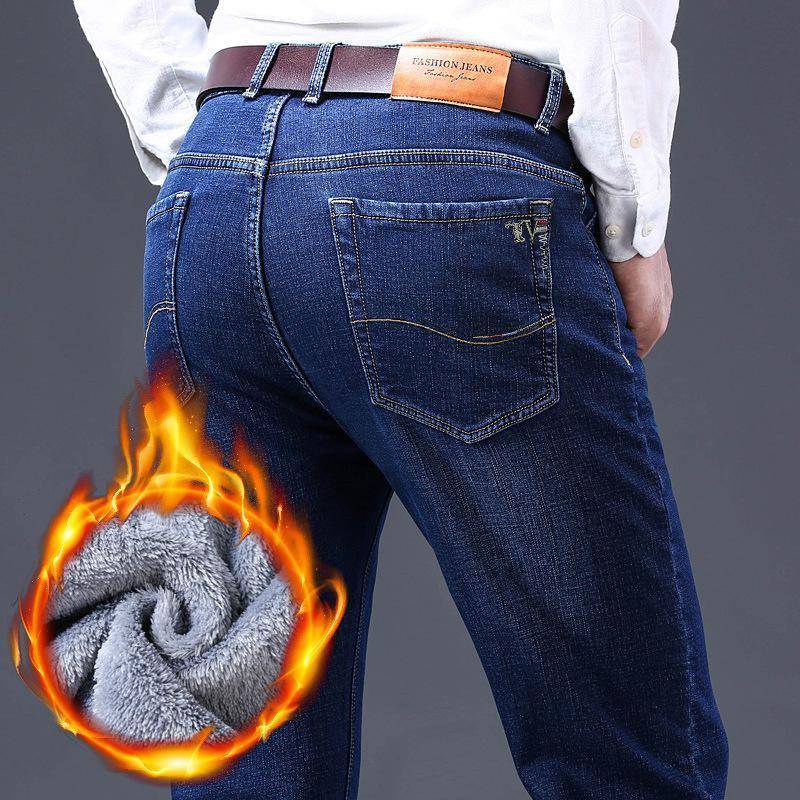 Winter Herren Fleece Schwarz Blau Jeans Business Casual Warm Verdicken Stretch Denim Hosen Männliche Marke Hosen 34 von Joom DACH