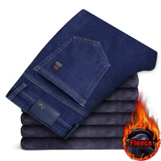 Winter Herren Fleece Warme Jeans Klassischer Stil Business Casual Verdicken Regular Fit Denim Hosen Schwarz Blau Markenhosen 38 blau von Joom DACH