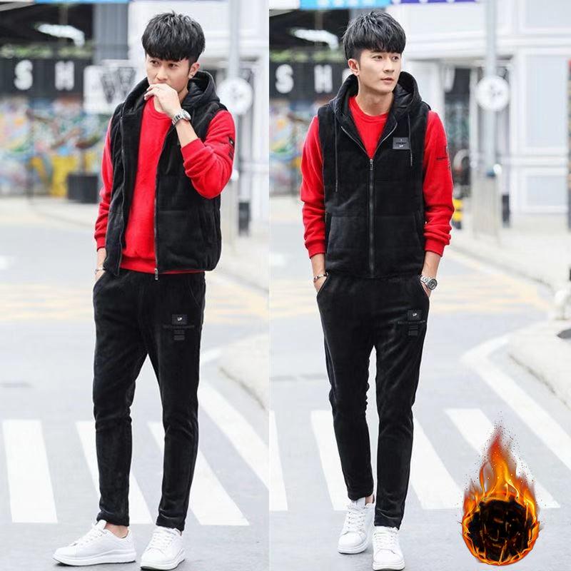 Winter Herren Gold Samt Sportanzug Jugend Studenten Plus Samt Dicken Casual Pullover Dreiteiliger Anzug M rot von Joom DACH