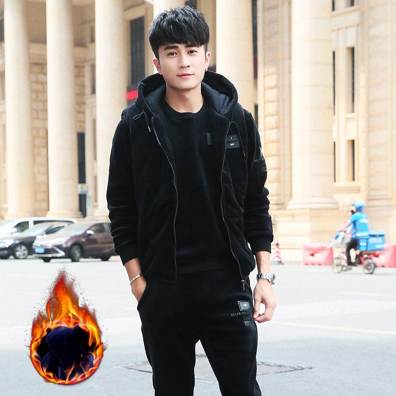 Winter Herren Gold Samt Sportanzug Jugend Studenten Plus Samt Dicken Casual Pullover Dreiteiliger Anzug M schwarz von Joom DACH