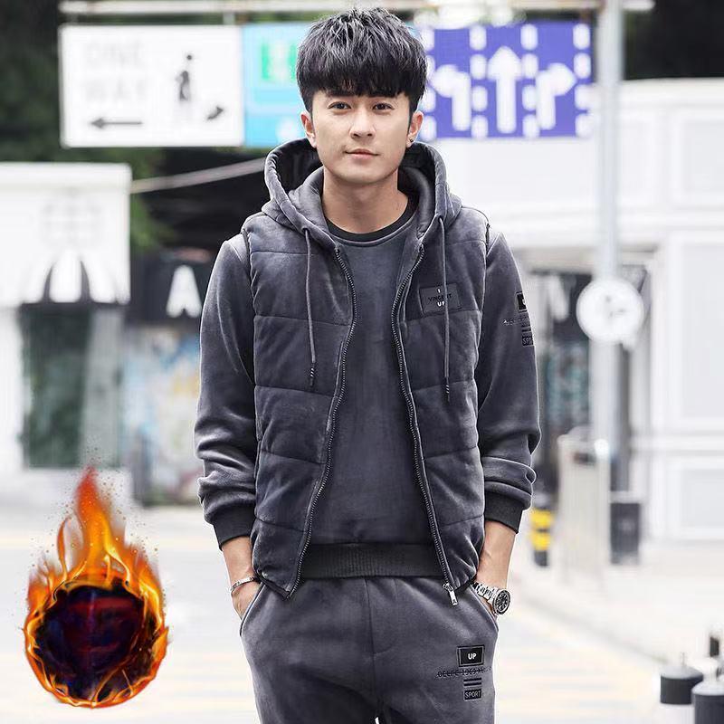 Winter Herren Gold Samt Sportanzug Jugend Studenten Plus Samt Dicken Casual Pullover Dreiteiliger Anzug XXL grau von Joom DACH