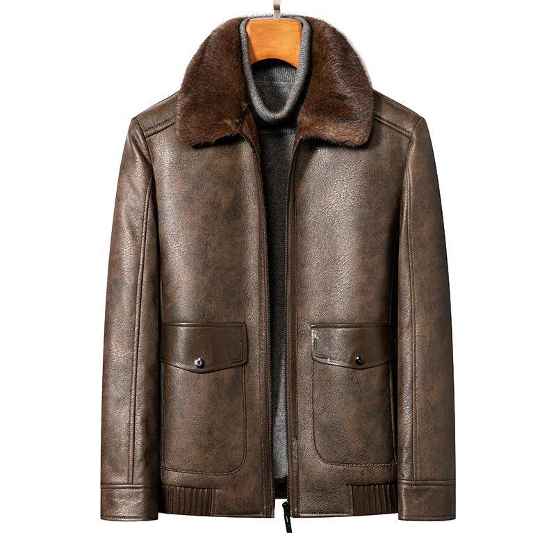 Winter Herren Pelz als eine Lederjacke männlich Business Casual gepolstert verdickt mittleren Alters Revers Lederjacke Mantel Pelz XXXXL dunkelbraune von Joom DACH