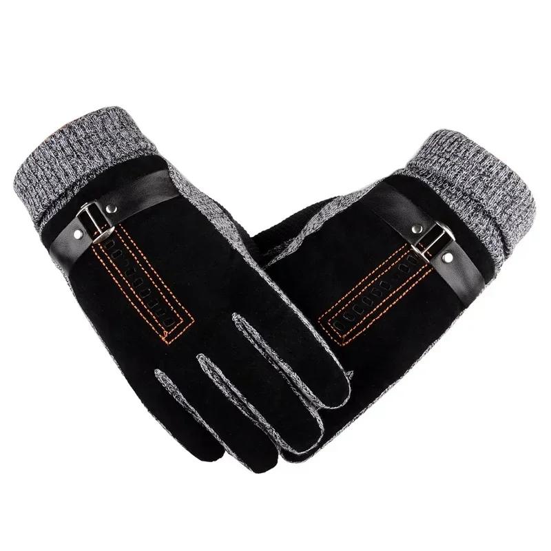 Winter Herren Warme Handschuhe Echtes Wildleder Schweinsleder Handschuhe Fäustlinge Männlich Dicke Fahrrad Motorrad Handschuhe Männer Gestrickte Guantes One Size von Joom DACH