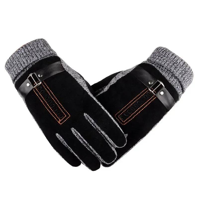 Winter Herren Warme Handschuhe Echtes Wildleder Schweinsleder Handschuhe Fäustlinge Männlich Dicke Fahrrad Motorrad Handschuhe Männer Gestrickte Guantes One Size von Joom DACH