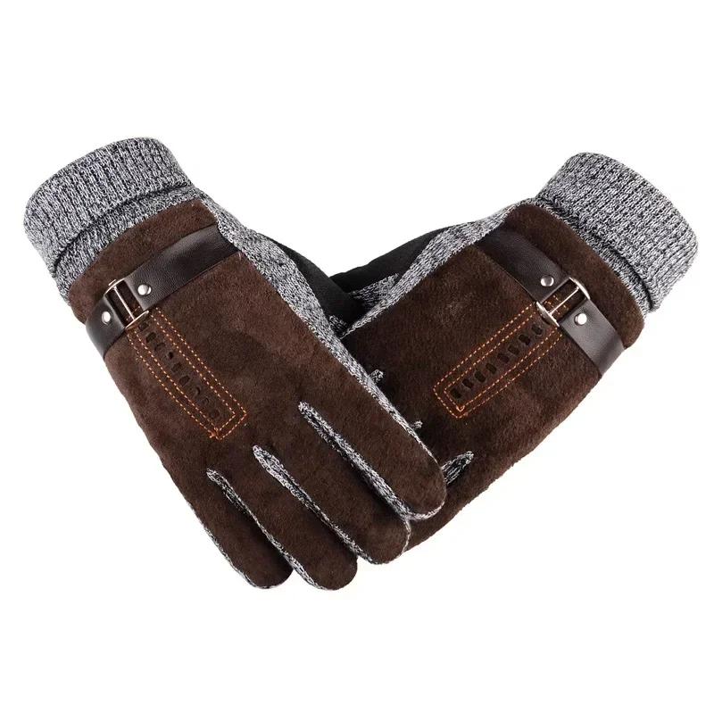Winter Herren Warme Handschuhe Echtes Wildleder Schweinsleder Handschuhe Fäustlinge Männlich Dicke Fahrrad Motorrad Handschuhe Männer Gestrickte Guantes One Size von Joom DACH