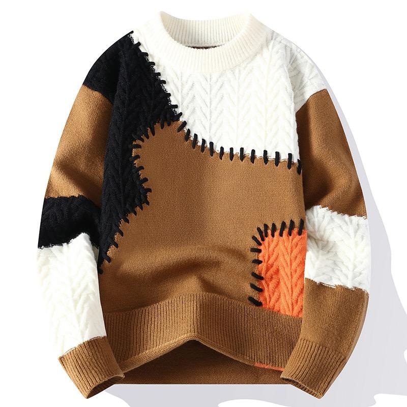 Winter Herrenpullover Patchwork Lässige Strickpullover Herren Dick Warm Locker Gestrickte Pullover O-Ausschnitt Streetwear L orange von Joom DACH