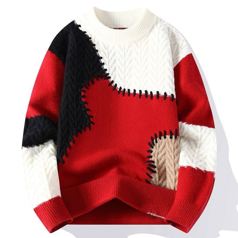 Winter Herrenpullover Patchwork Lässige Strickpullover Herren Dick Warm Locker Gestrickte Pullover O-Ausschnitt Streetwear S rot von Joom DACH