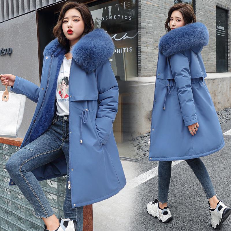 Winter Jacke 2023 Neue Frauen Parka Kleidung Langen Mantel Wolle Liner Mit Kapuze Jacke Pelz Kragen Dicke Warme Schnee Tragen Gepolsterte parka 6XL 5XL blau von Joom DACH