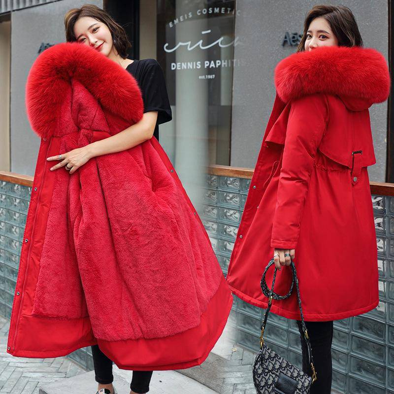 Winter Jacke 2023 Neue Frauen Parka Kleidung Langen Mantel Wolle Liner Mit Kapuze Jacke Pelz Kragen Dicke Warme Schnee Tragen Gepolsterte parka 6XL XL rot von Joom DACH
