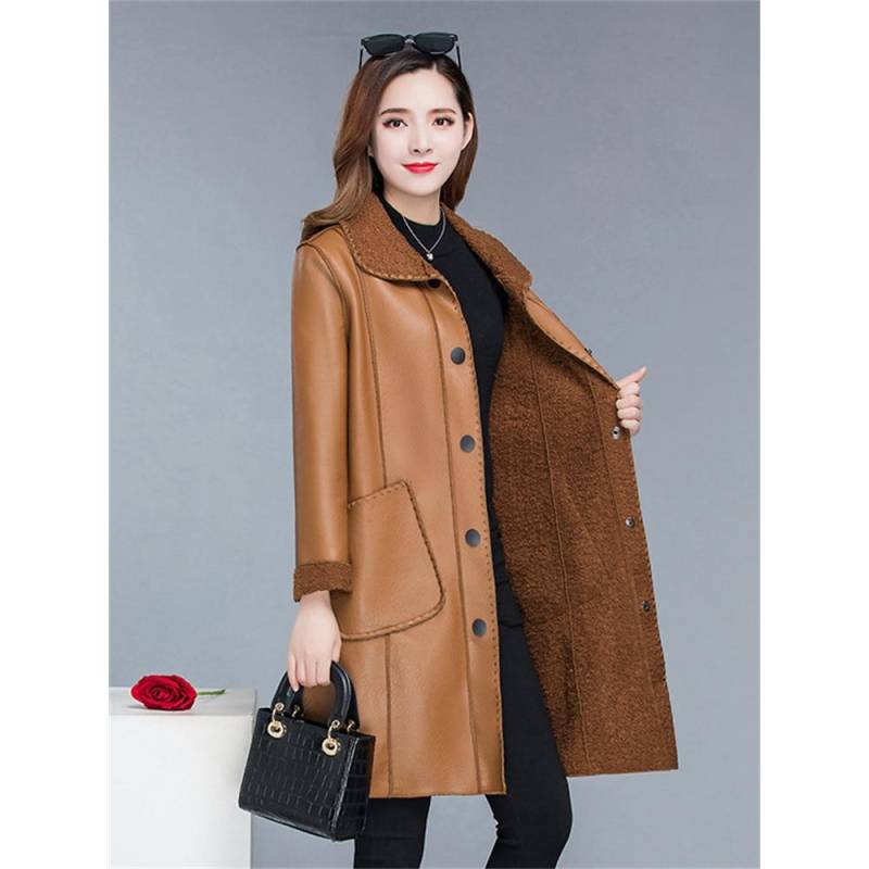 Winter Jacke Frauen Braun Puppe Kragen Herbst Neue Koreanische Mode Schlank Hinzufügen Samt Lange Faux Leder Mantel Weibliche XXXL kamelfarben von Joom DACH