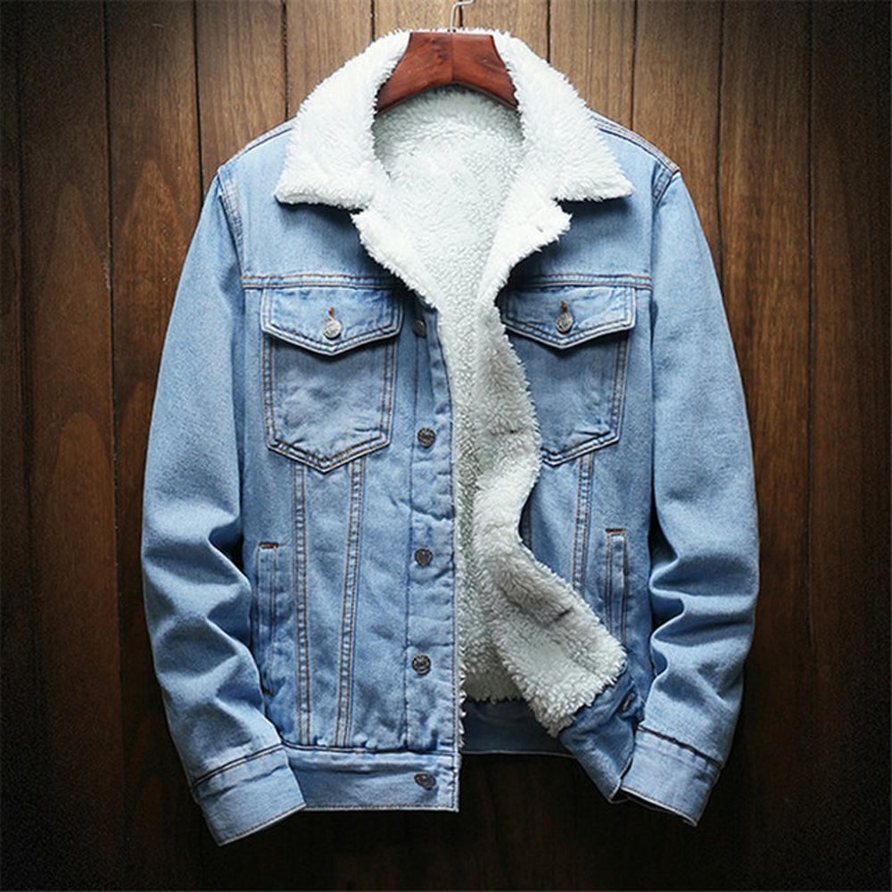 Winter Jean Jacken Männer Warme Denim Mäntel Mode Cowboy Oberbekleidung Männer Liner Dickere Fleece Denim Jacke Schwarz Blau XL blau von Joom DACH