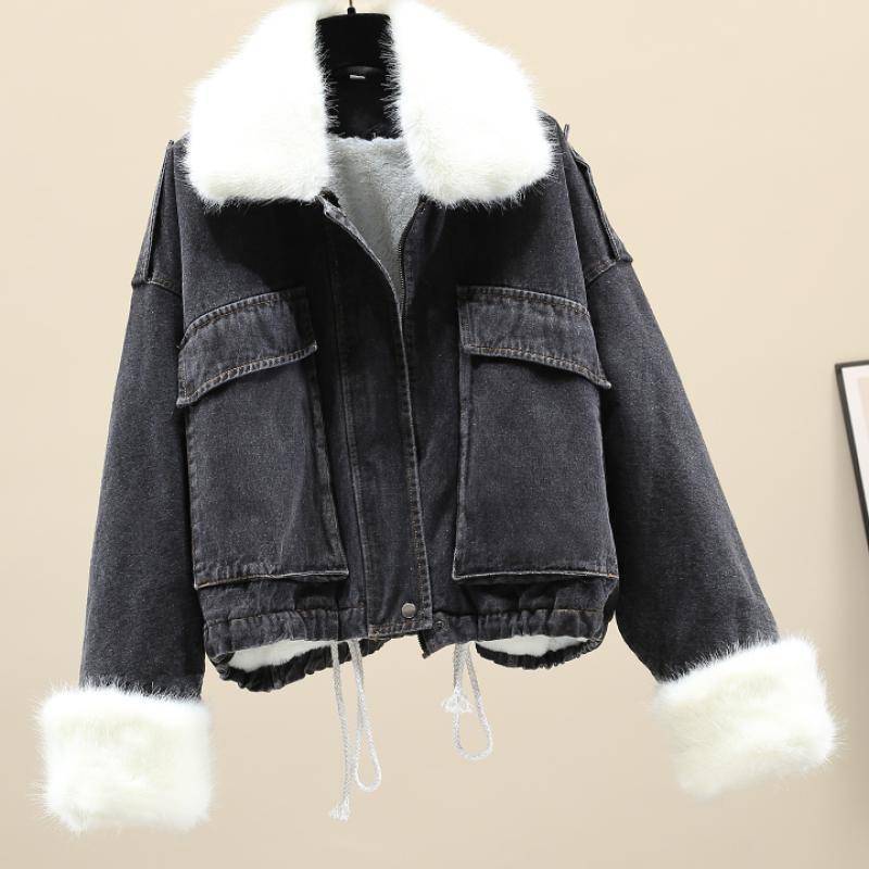 Winter-Jeansjacke im neuen Stil mit Pelzkragen, lockere Jeansjacke aus Samt für Damen XL von Joom DACH