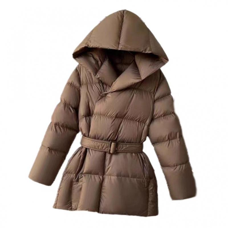 Winter Kapuzen Damen Daunenjacken Warme Lässige Schnürjacke Pufferjacke Gürtel Elegante Parka Übermantel L kaffeebraun von Joom DACH
