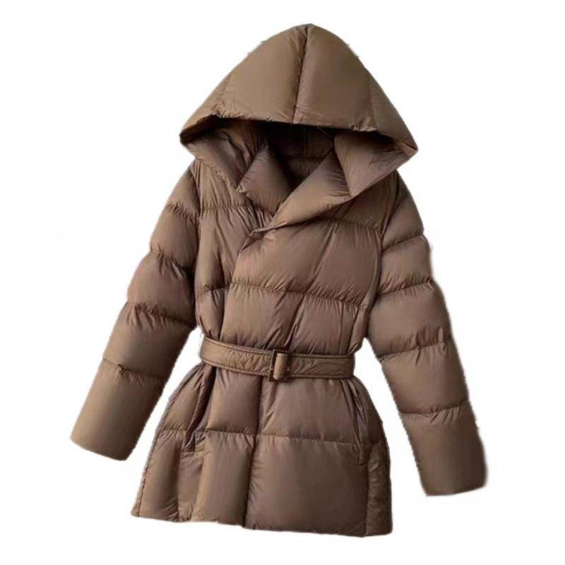 Winter Kapuzen Damen Daunenjacken Warme Lässige Schnürjacke Pufferjacke Gürtel Elegante Parka Übermantel L kaffeebraun von Joom DACH