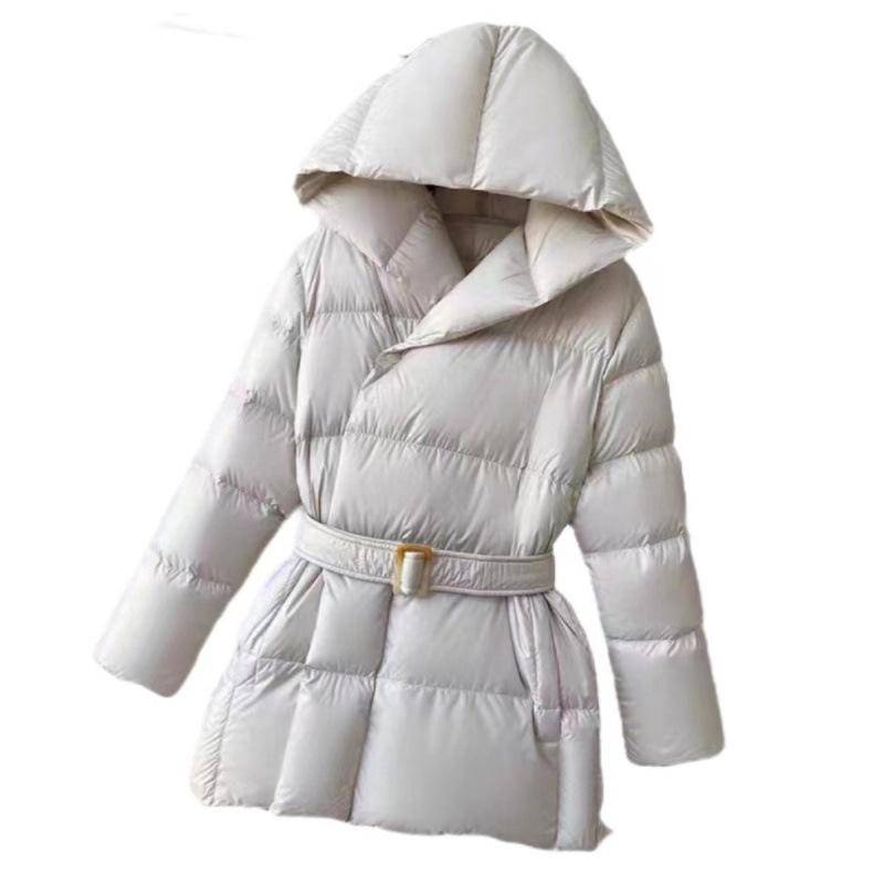 Winter Kapuzen Damen Daunenjacken Warme Lässige Schnürjacke Pufferjacke Gürtel Elegante Parka Übermantel L weiß von Joom DACH