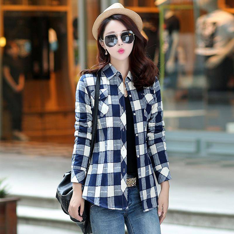 Winter Kariertes Hemd frauen Baumwolle Langarm Top Damen Warme Dicke Samt Plaid Shirts Mode Revers Schlank Tops L von Joom DACH