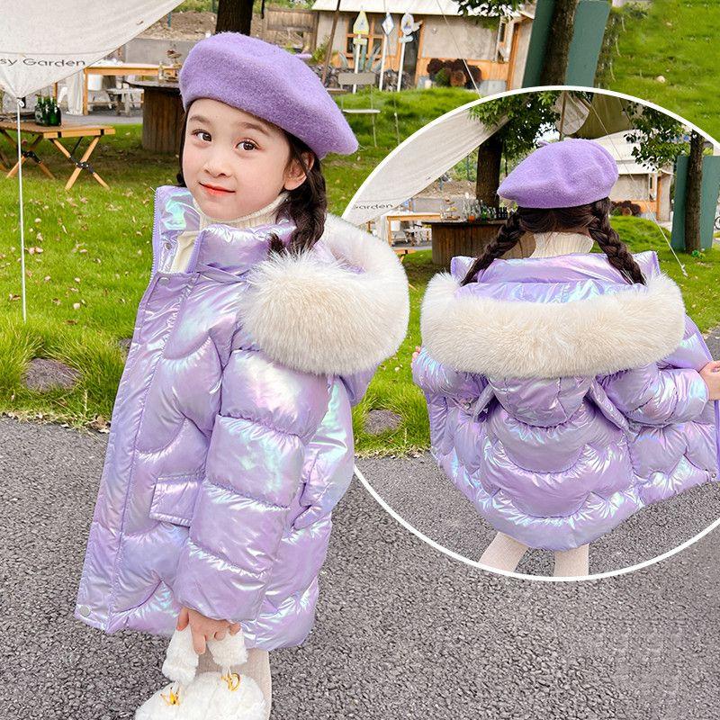 Winter Kinder Glänzende Jacken Mädchen Warme Mäntel Kinder Schneeanzug Kinder Dicke Kapuzenoberbekleidung Teenager Baumwollkleidung Parkas 140 violett von Joom DACH