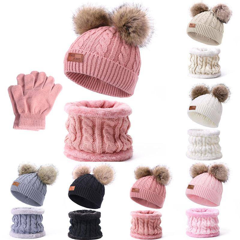 Winter Kinder Schal Mütze zweiteiliges Set Bommel Baby Kleinkind Strickmütze warm Wolle plus Samt von Joom DACH