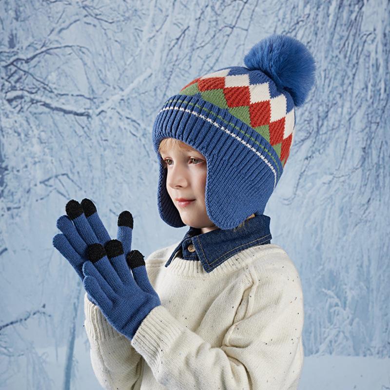 Winter Kinder Strickmütze Handschuhe Set Niedlicher Bommel Plus Samt Beanie Jungen Mädchen Warme Ohrenschutz Mützen Outdoor Kinder Accessoires 4-10Y blau von Joom DACH