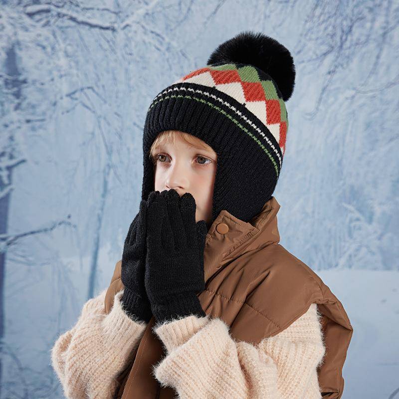 Winter Kinder Strickmütze Handschuhe Set Niedlicher Bommel Plus Samt Beanie Jungen Mädchen Warme Ohrenschutz Mützen Outdoor Kinder Accessoires 4-10Y schwarz von Joom DACH
