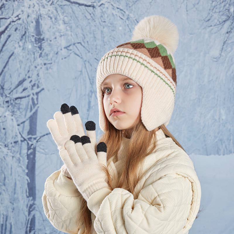 Winter Kinder Strickmütze Handschuhe Set Niedlicher Bommel Plus Samt Beanie Jungen Mädchen Warme Ohrenschutz Mützen Outdoor Kinder Accessoires 4-10Y beige von Joom DACH