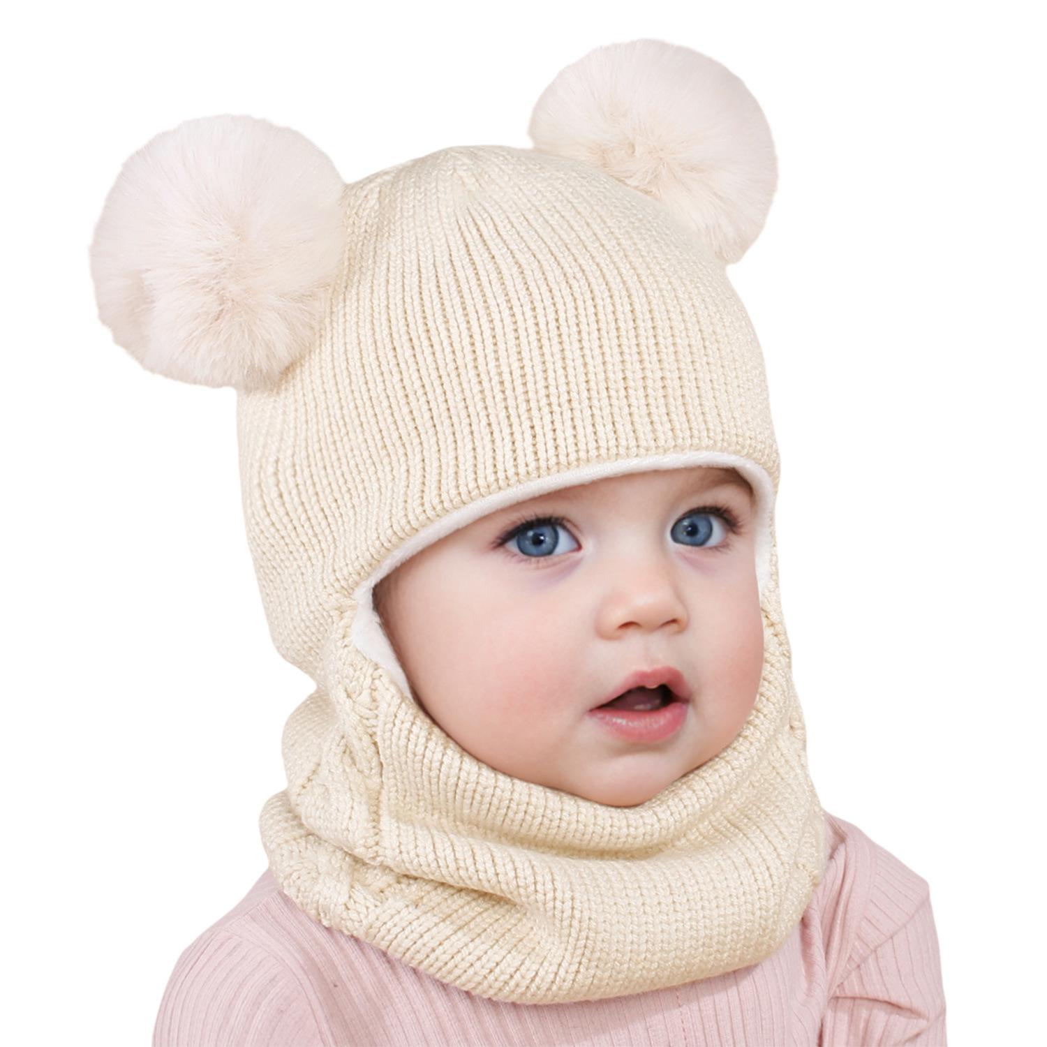 Winter Kinder Sturmhaube Mütze Doppelbommel Strickmütze für Baby Junge Mädchen Warm Dickes Fleecefutter Kinder Einteilige Mütze Schal 2-6 Years von Joom DACH