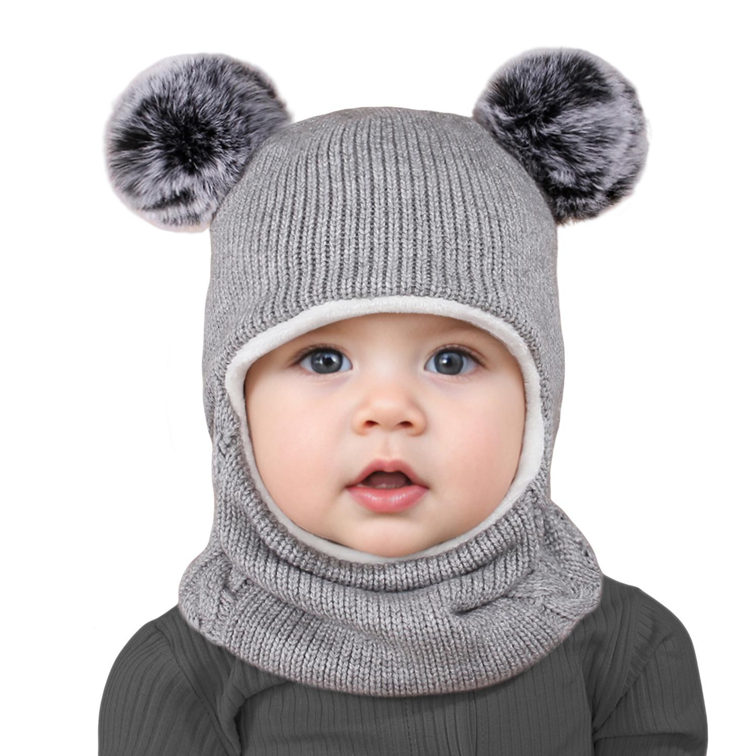 Winter Kinder Sturmhaube Mütze Doppelbommel Strickmütze für Baby Junge Mädchen Warm Dickes Fleecefutter Kinder Einteilige Mütze Schal 2-6 Years von Joom DACH