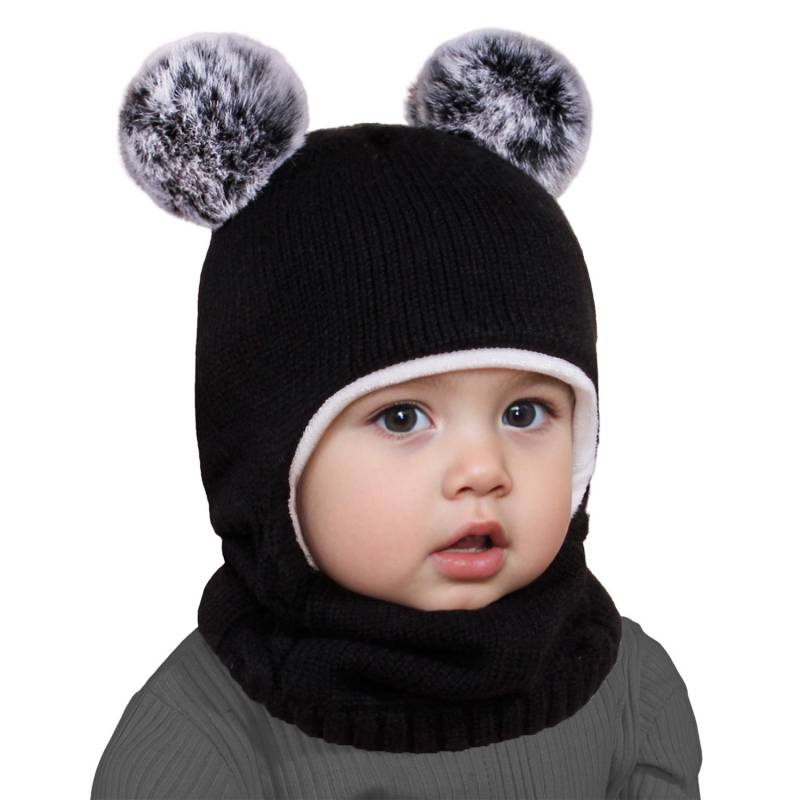 Winter Kinder Sturmhaube Mütze Doppelbommel Strickmütze für Baby Junge Mädchen Warm Dickes Fleecefutter Kinder Einteilige Mütze Schal 2-6 Years von Joom DACH
