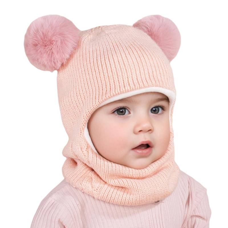 Winter Kinder Sturmhaube Mütze Doppelbommel Strickmütze für Baby Junge Mädchen Warm Dickes Fleecefutter Kinder Einteilige Mütze Schal 2-6 Years von Joom DACH