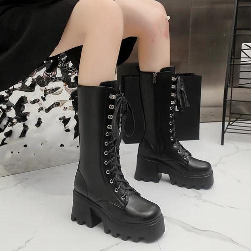Winter Klobige Plateau Leder Kniehohe Stiefel Damen Retro Punk Höhenvergrößernde Lange Stiefel Frau Schnürstiefeletten Mujer 42 von Joom DACH