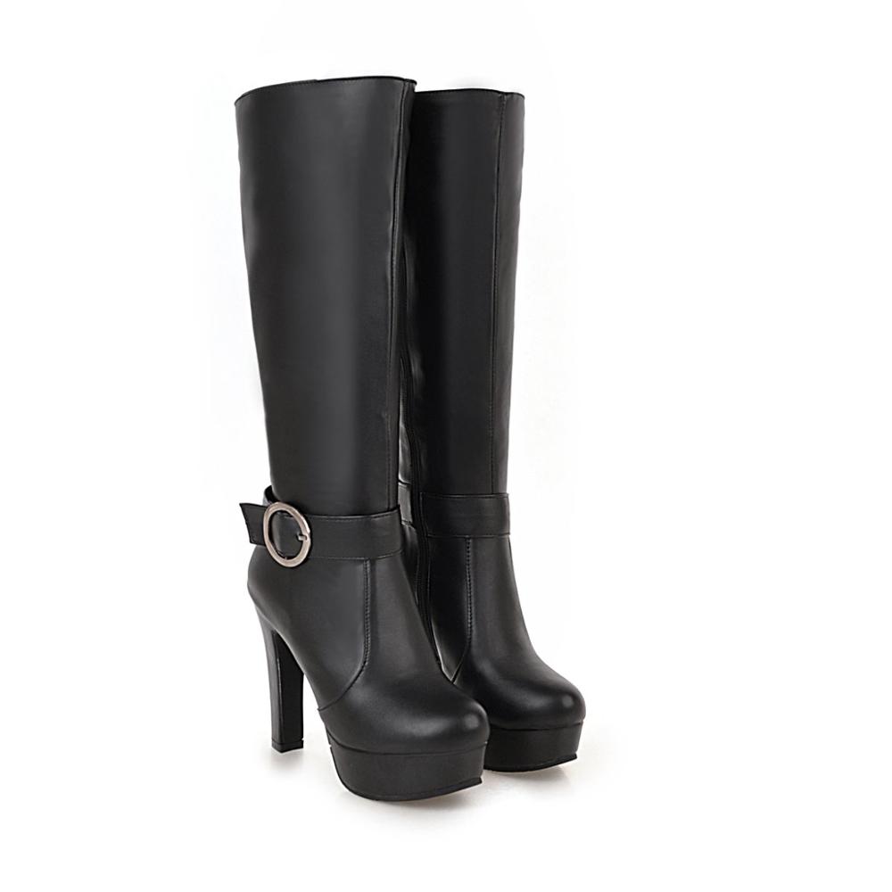 Winter Kniehohe Stiefel Frauen Herbst Ritter Schwarz Weiß Große Größe High Heels Plattform Reißverschluss Mode Schnalle Damen Lange Schuhe 38 schwarz von Joom DACH