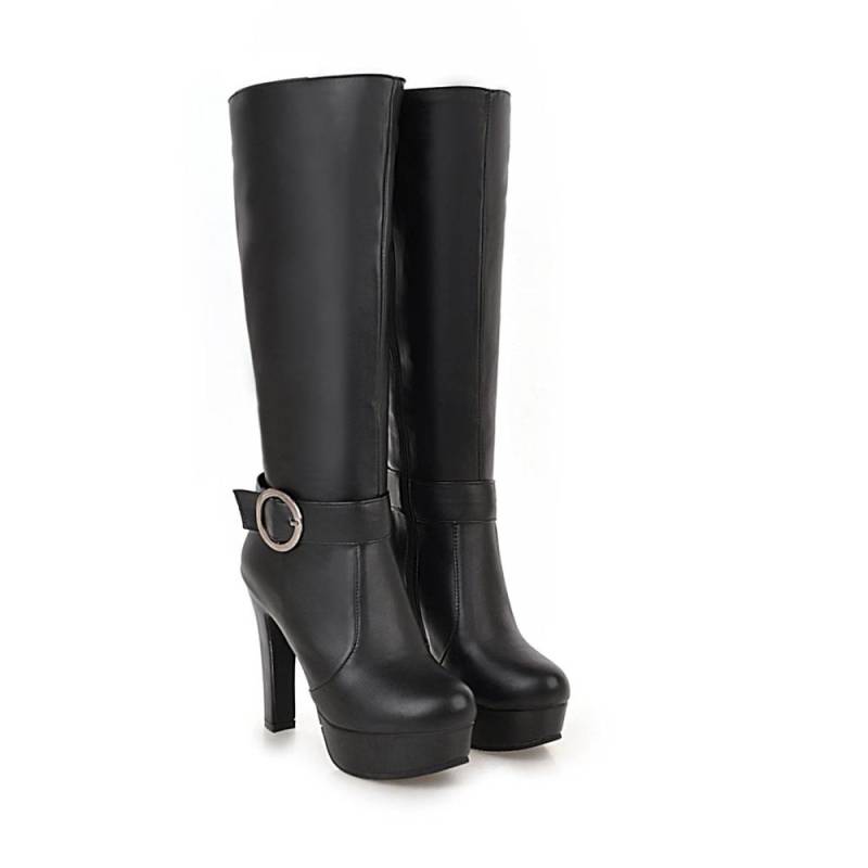 Winter Kniehohe Stiefel Frauen Herbst Ritter Schwarz Weiß Große Größe High Heels Plattform Reißverschluss Mode Schnalle Damen Lange Schuhe 38 schwarz von Joom DACH