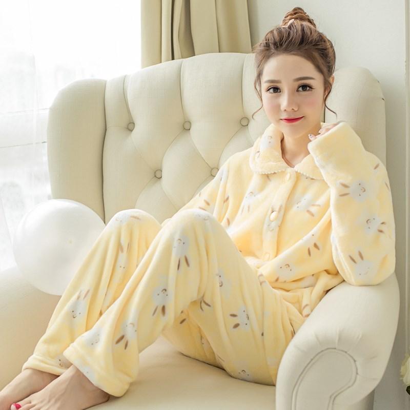 Winter Korallen Fleece Verdickt Warme frauen Pyjamas Frühling und Herbst Nette Student Langarm Flanell Hause Service Anzug XL von Joom DACH