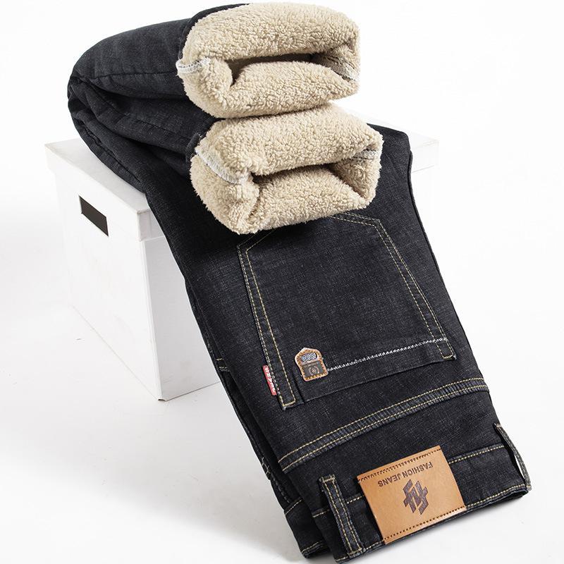 Winter Lamm Fluff Denim Gerade Hosen Männer Verdicken Große Größe 40 Jeans Hohe Taille Stretch Jeansy Fleece Gefüttert Warm 32 schwarz von Joom DACH