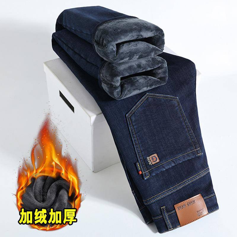Winter Lamm Fluff Denim Gerade Hosen Männer Verdicken Große Größe 40 Jeans Hohe Taille Stretch Jeansy Fleece Gefüttert Warm 34 dunkelblaue von Joom DACH