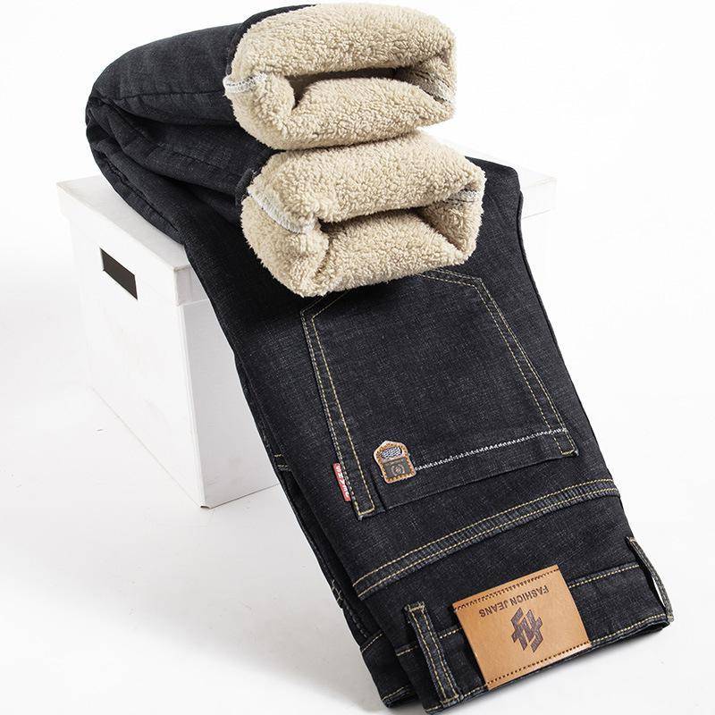 Winter Lamm Fluff Denim Gerade Hosen Männer Verdicken Große Größe 40 Jeans Hohe Taille Stretch Jeansy Fleece Gefüttert Warm 36 schwarz von Joom DACH