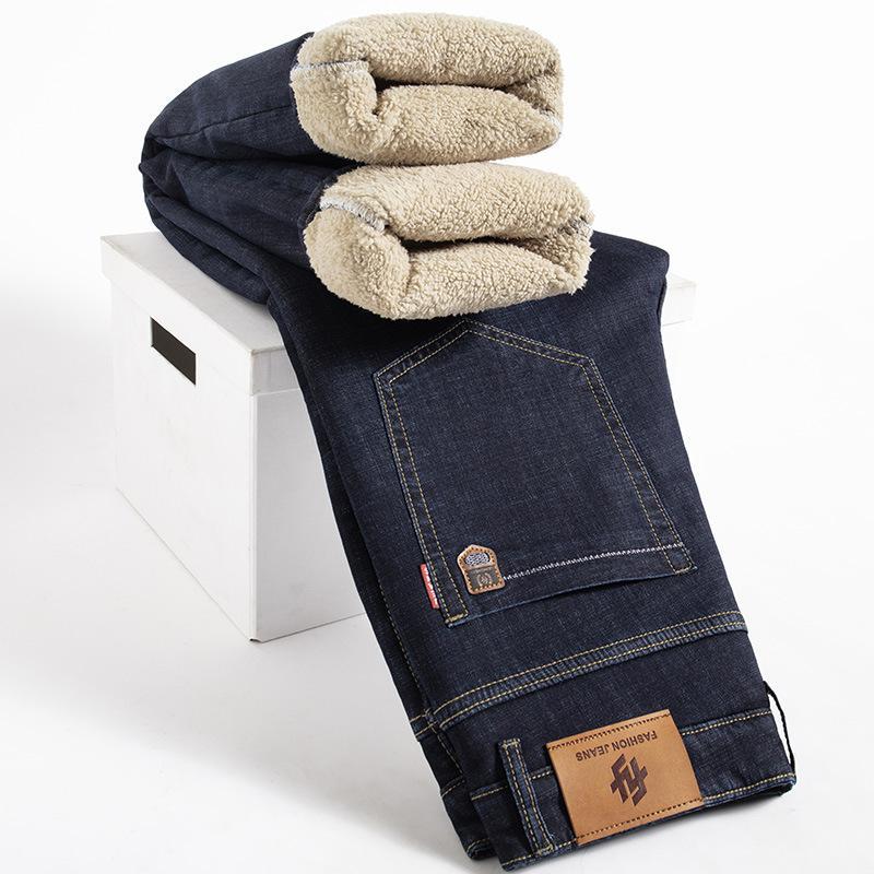 Winter Lamm Fluff Denim Gerade Hosen Männer Verdicken Große Größe 40 Jeans Hohe Taille Stretch Jeansy Fleece Gefüttert Warm 36 dunkelblaue von Joom DACH