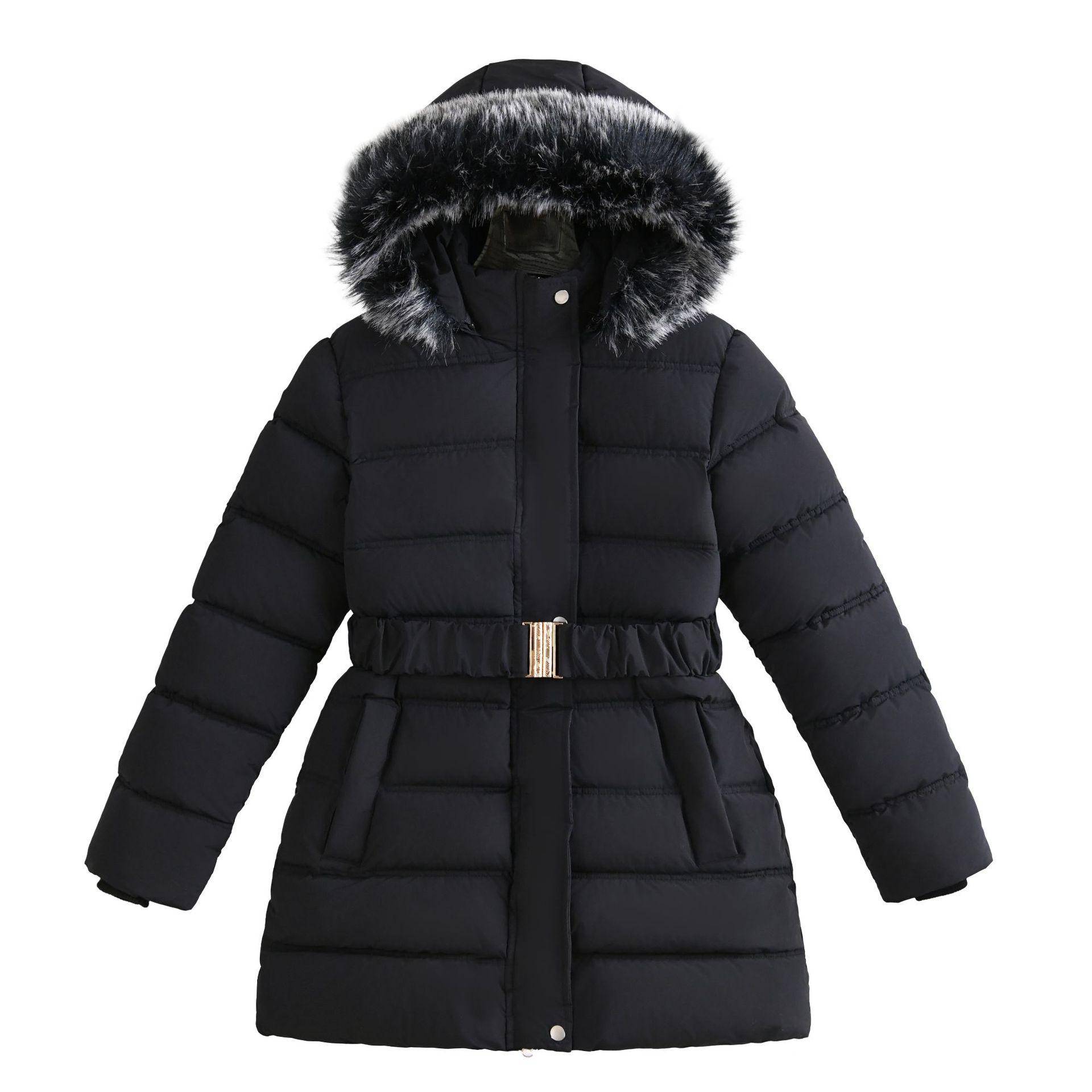 Winter Lang Stil Teenager Mädchen Jacke Einfarbig Slim Fit Mode Abnehmbare Kapuze Großer Pelzkragen Kapuze Warmhalten Mantel für Kinder 170 schwarz von Joom DACH