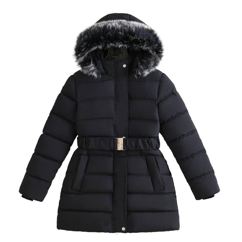 Winter Lang Stil Teenager Mädchen Jacke Einfarbig Slim Fit Mode Abnehmbare Kapuze Großer Pelzkragen Kapuze Warmhalten Mantel für Kinder 170 schwarz von Joom DACH