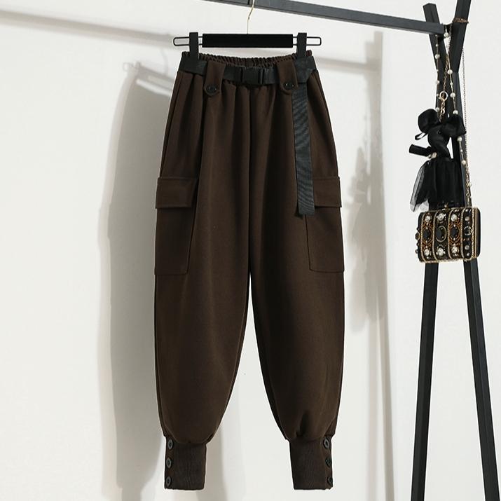 Winter Lange Hosen Herbst Dicke Jogginghosen Baumwolle Damen Einfarbig Harem Gürtel Elastischer Bund Lässige Lockere Hosen Neu 4XL beige von Joom DACH