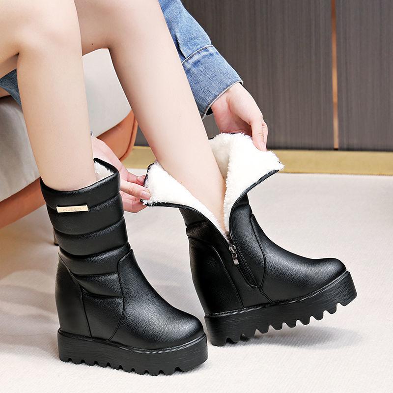 Winter Leder Hochschaft Plus Samt Schneestiefel, Damen Baumwollschuhe, Erhöhte Kurze Stiefel, Keilabsatz Reißverschluss Mittelhohe Stiefel 36 schwarz von Joom DACH